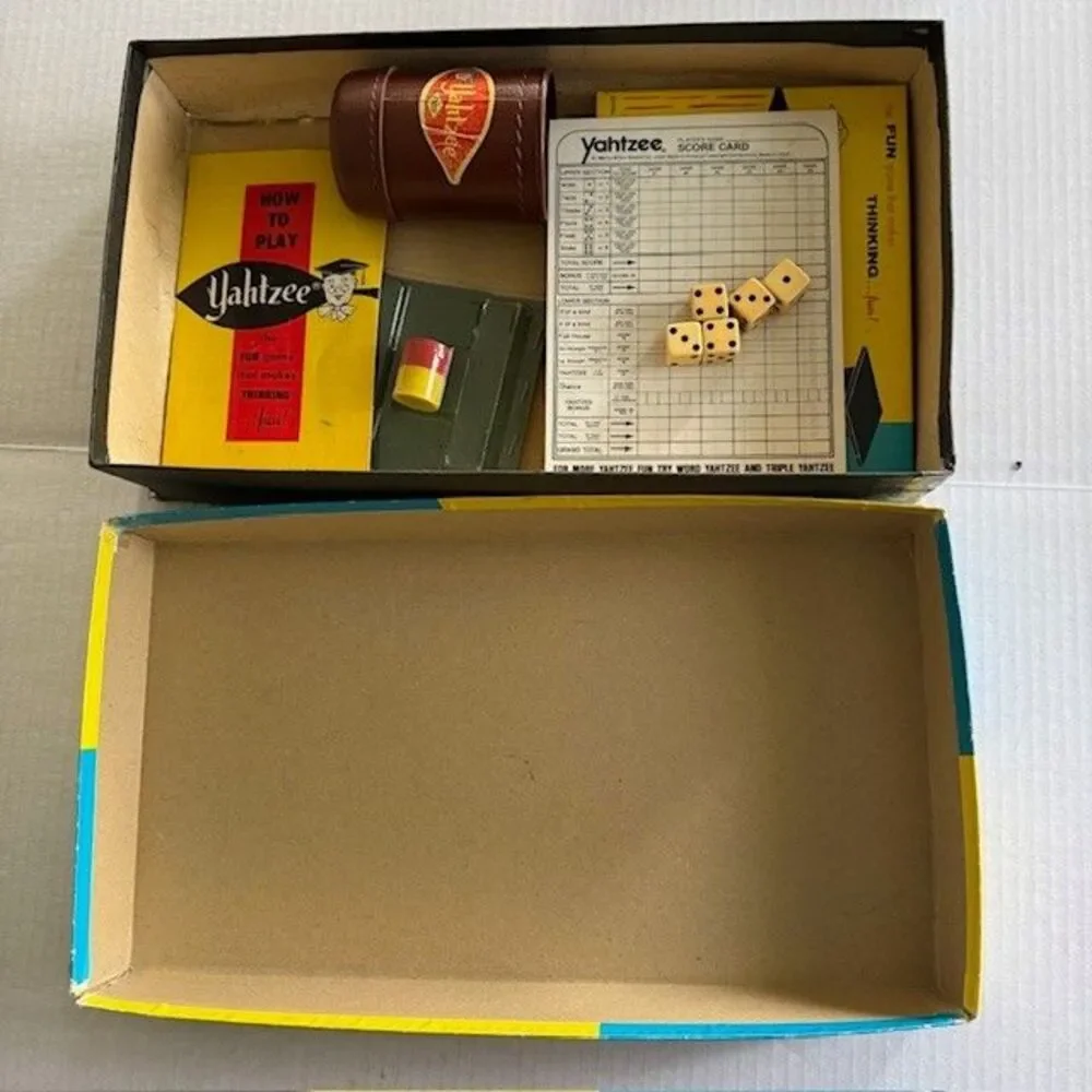 VINTAGE 1956 LOWE Yahtzee GAME and Yahtzee score pads Dice Original Box #950